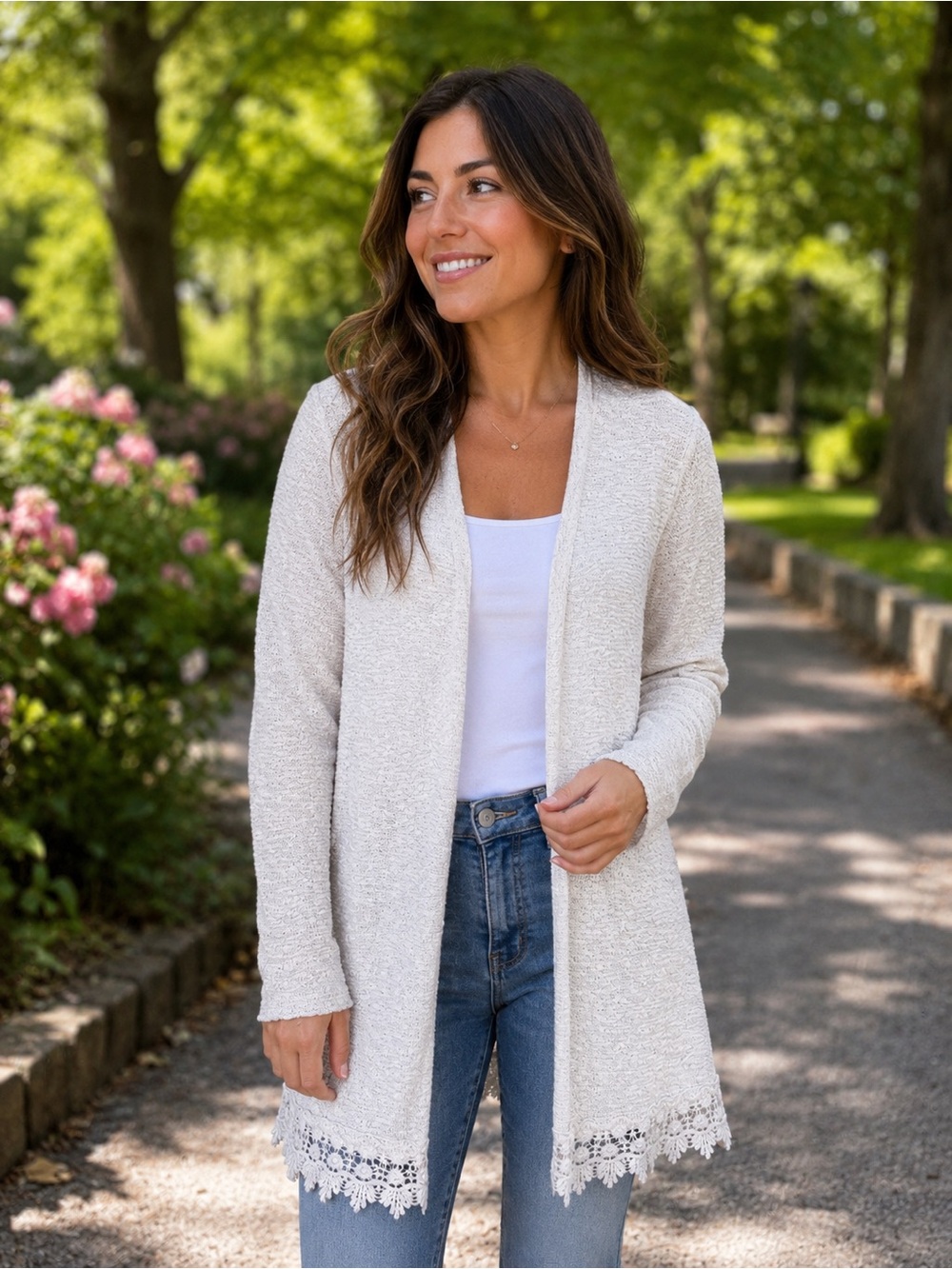 369. Open-Front Cream Knit Cardigan with Lace Trim